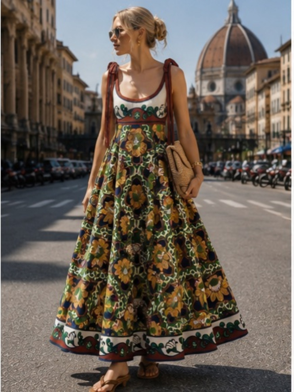 Alemais Olive Green Floral Maxi Dress with Brown Trim
